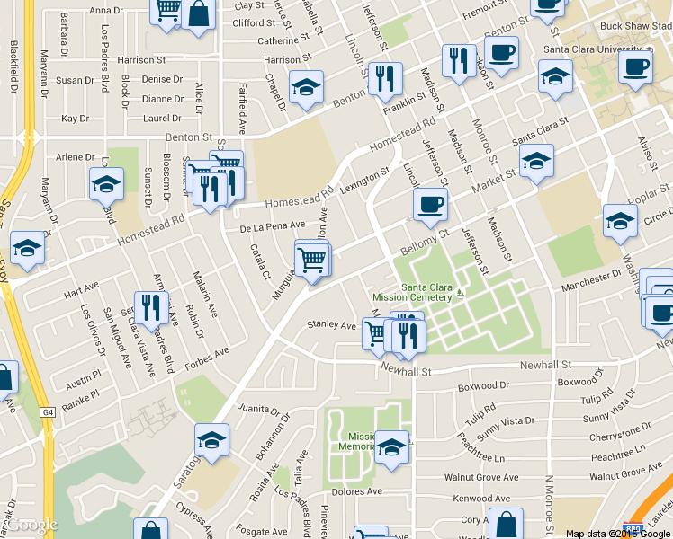 map of restaurants, bars, coffee shops, grocery stores, and more near 1957 Bellomy Street in Santa Clara