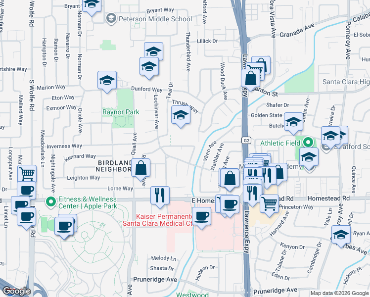 map of restaurants, bars, coffee shops, grocery stores, and more near 1122 Kensington Avenue in Sunnyvale