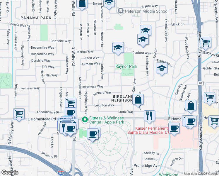 map of restaurants, bars, coffee shops, grocery stores, and more near 969 Kennard Way in Sunnyvale
