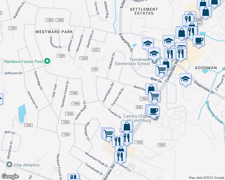 map of restaurants, bars, coffee shops, grocery stores, and more near 115 Farmington Road in Lynchburg