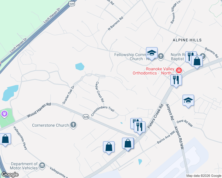 map of restaurants, bars, coffee shops, grocery stores, and more near 7200-7298 Twin Forks Drive in Hollins