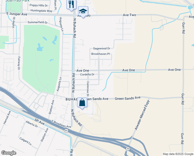 map of restaurants, bars, coffee shops, grocery stores, and more near 1967 Vistana Drive in Atwater
