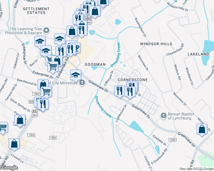 map of restaurants, bars, coffee shops, grocery stores, and more near 100 Capstone Drive in Lynchburg