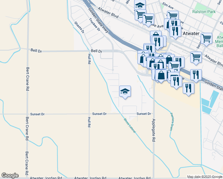 map of restaurants, bars, coffee shops, grocery stores, and more near 2101 Honor Court in Atwater