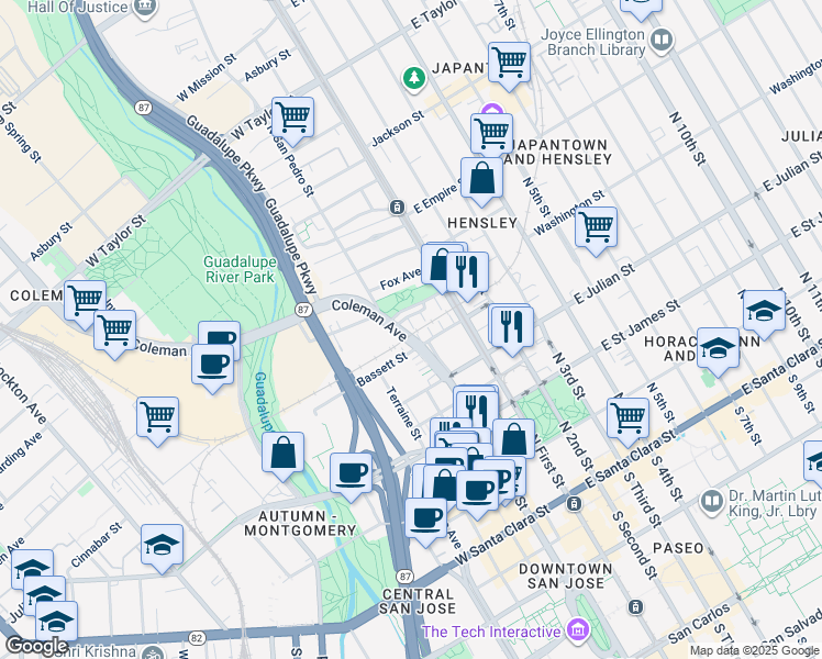 map of restaurants, bars, coffee shops, grocery stores, and more near 92 Ryland Park Way in San Jose