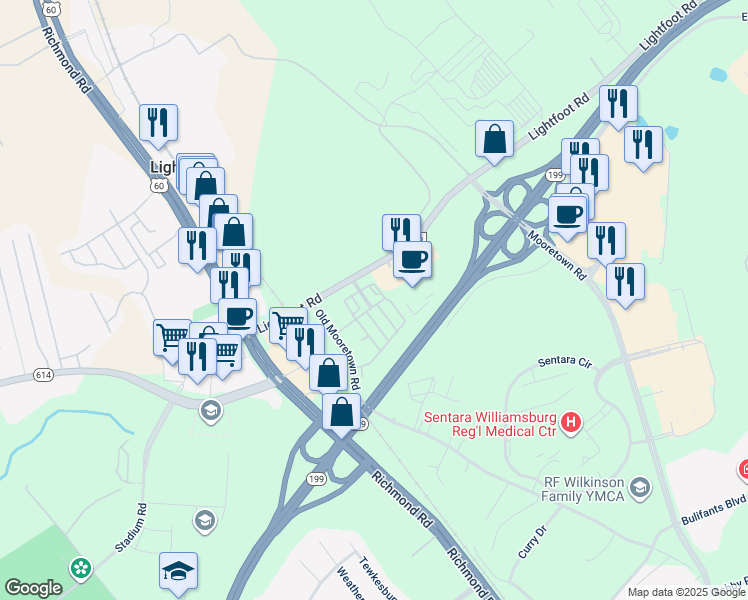 map of restaurants, bars, coffee shops, grocery stores, and more near 114 Bimini Lane in Williamsburg