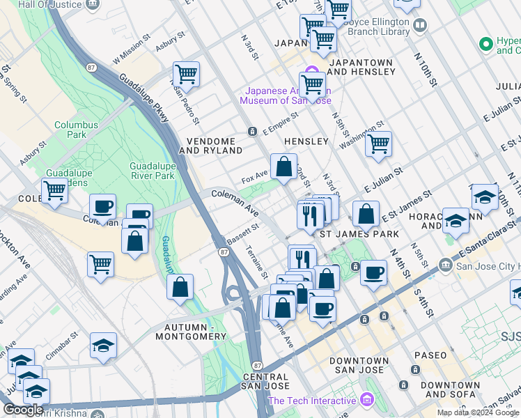 map of restaurants, bars, coffee shops, grocery stores, and more near 92 Ryland Park Way in San Jose