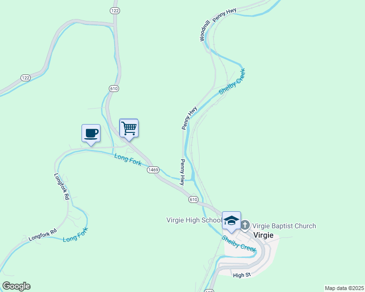 map of restaurants, bars, coffee shops, grocery stores, and more near Penny Highway in Virgie