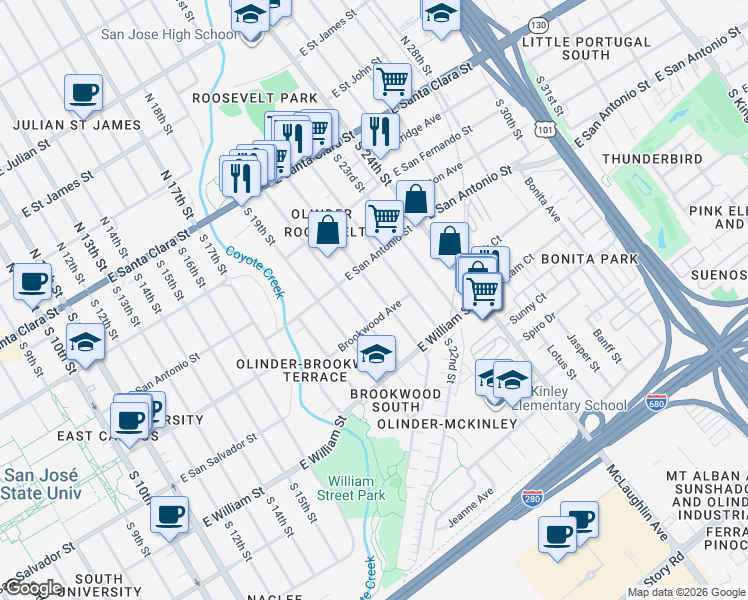 map of restaurants, bars, coffee shops, grocery stores, and more near South 21st Street in San Jose