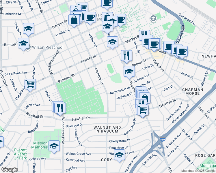 map of restaurants, bars, coffee shops, grocery stores, and more near 177 Monroe Street in Santa Clara