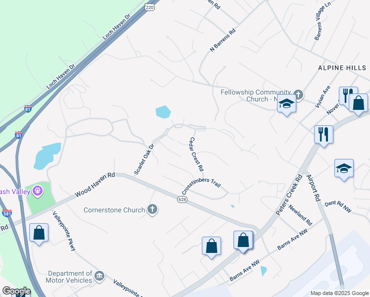 map of restaurants, bars, coffee shops, grocery stores, and more near 7187 Wild Cherry Court in Roanoke