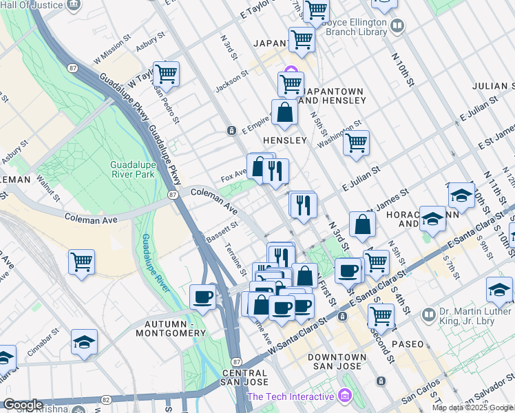 map of restaurants, bars, coffee shops, grocery stores, and more near 59 Bassett Street in San Jose