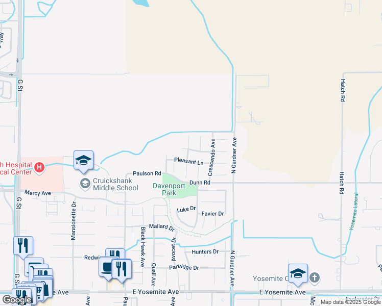 map of restaurants, bars, coffee shops, grocery stores, and more near 1304 Breezeway Lane in Merced
