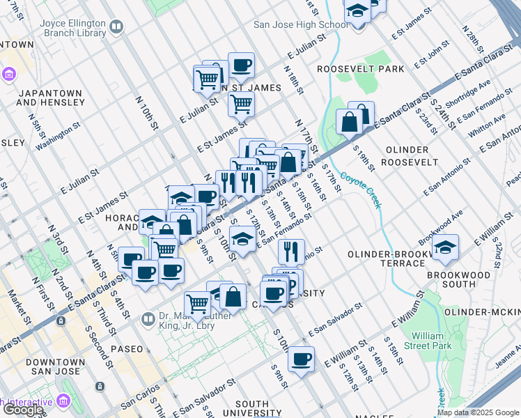 map of restaurants, bars, coffee shops, grocery stores, and more near 40 South 12th Street in San Jose