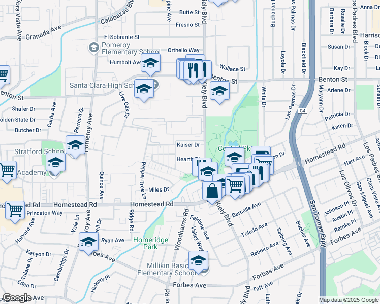 map of restaurants, bars, coffee shops, grocery stores, and more near 2860 Kaiser Drive in Santa Clara