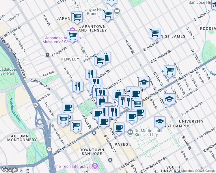 map of restaurants, bars, coffee shops, grocery stores, and more near 197 North 5th Street in San Jose