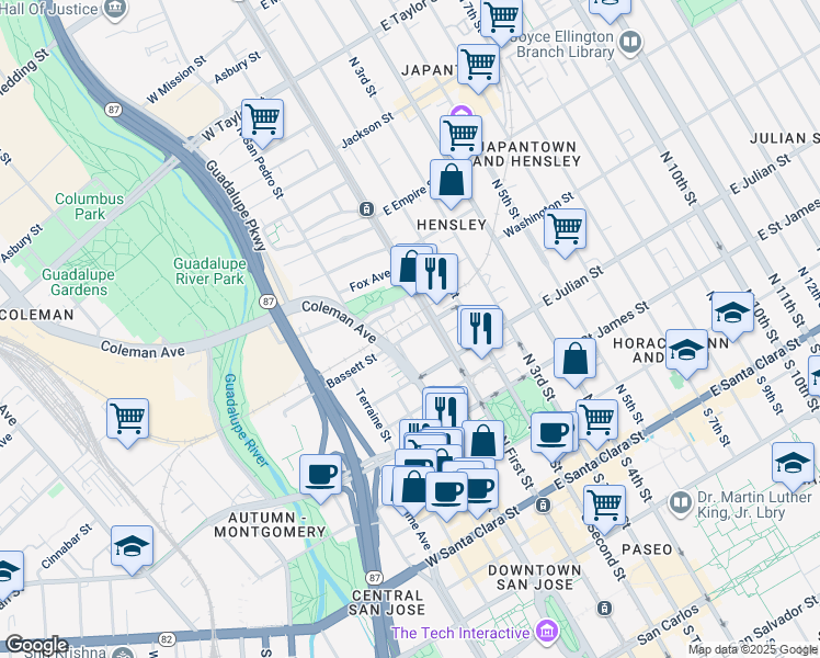 map of restaurants, bars, coffee shops, grocery stores, and more near 87 Bassett Street in San Jose