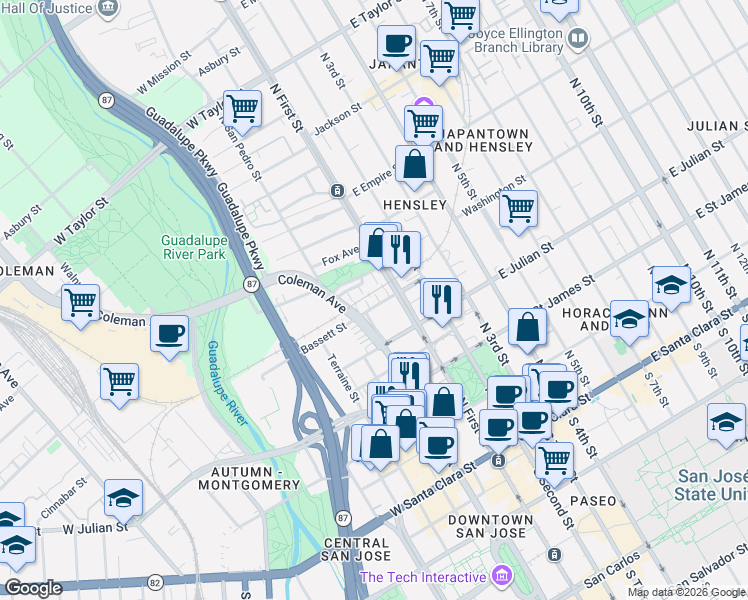 map of restaurants, bars, coffee shops, grocery stores, and more near 87 Bassett Street in San Jose