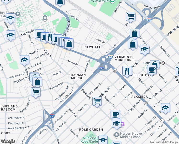 map of restaurants, bars, coffee shops, grocery stores, and more near 1068 Chapman Street in San Jose