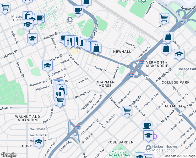 map of restaurants, bars, coffee shops, grocery stores, and more near 2140 Park Avenue in Santa Clara