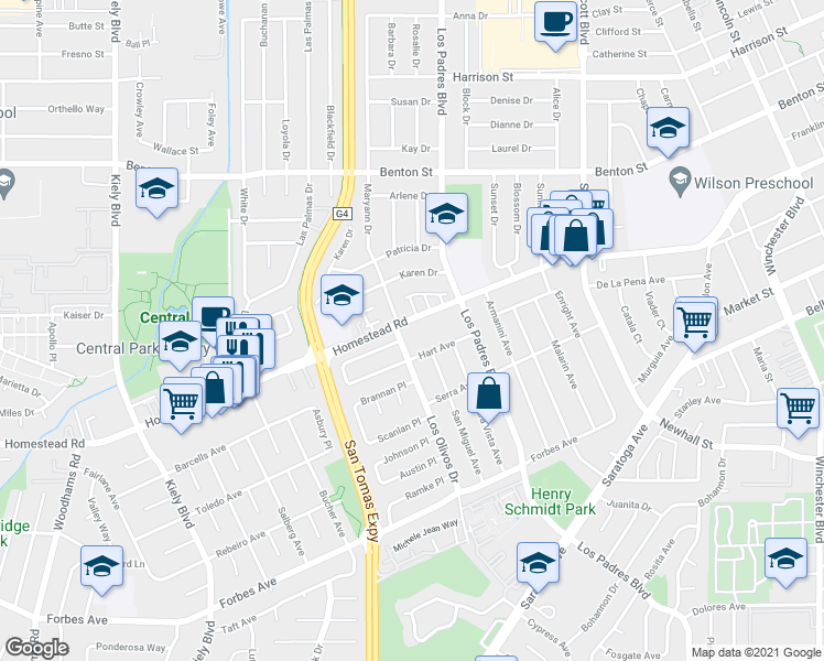 map of restaurants, bars, coffee shops, grocery stores, and more near 779 Los Olivos Drive in Santa Clara