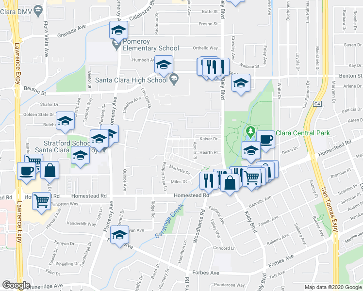 map of restaurants, bars, coffee shops, grocery stores, and more near 2975 Via Torino in Santa Clara