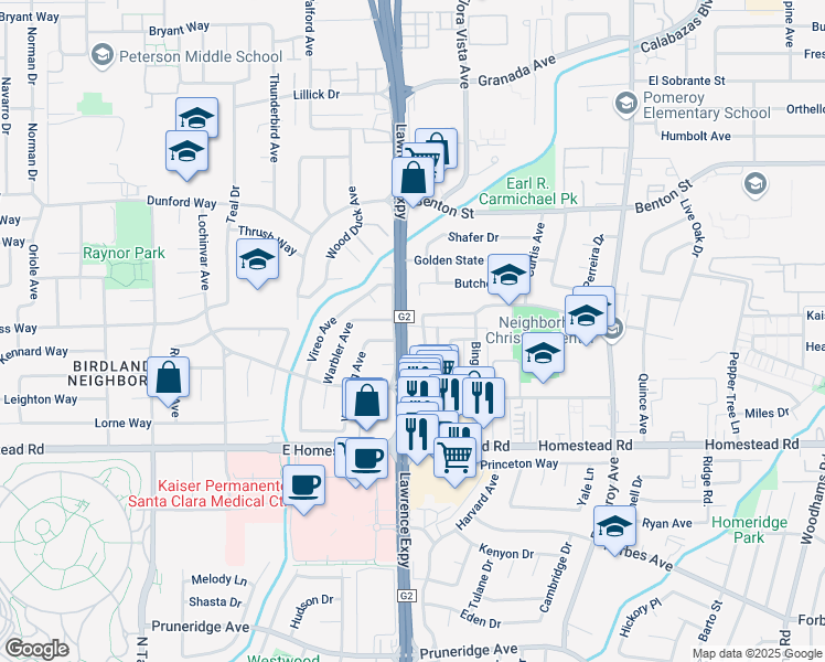 map of restaurants, bars, coffee shops, grocery stores, and more near 884 Burbank Drive in Santa Clara