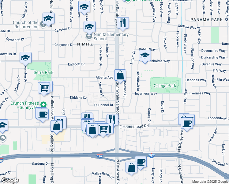 map of restaurants, bars, coffee shops, grocery stores, and more near 1609 Sunnyvale Saratoga Road in Sunnyvale