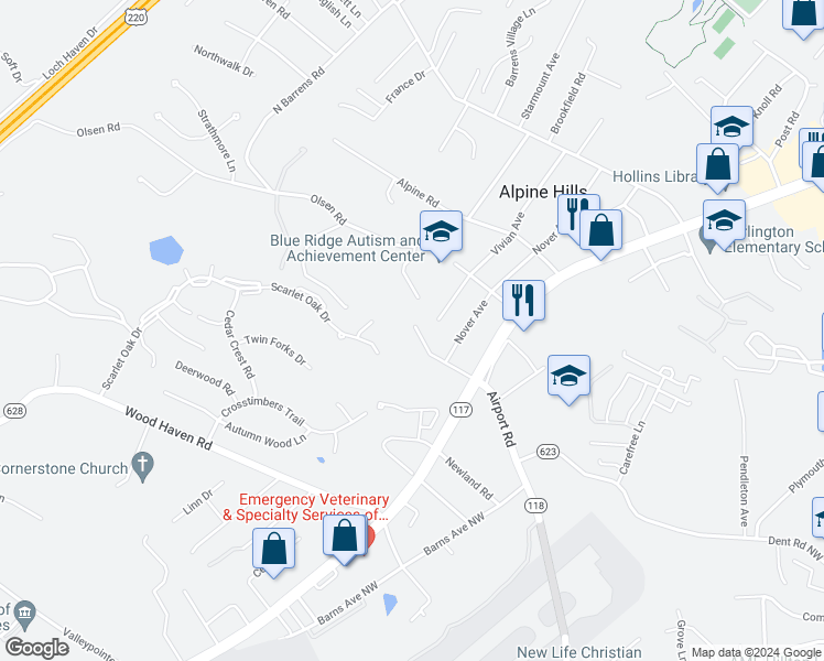 map of restaurants, bars, coffee shops, grocery stores, and more near 6441 Archcrest Drive in Hollins