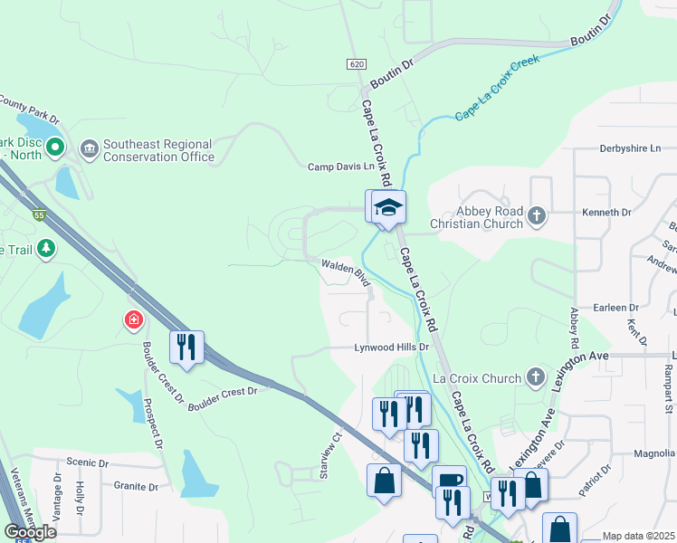 map of restaurants, bars, coffee shops, grocery stores, and more near 2832 Walden Boulevard in Cape Girardeau