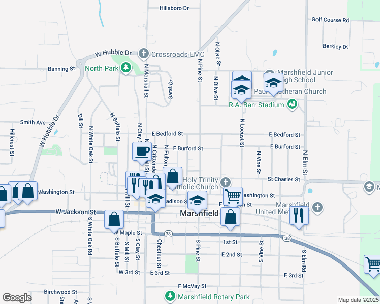 map of restaurants, bars, coffee shops, grocery stores, and more near 311 North Pine Street in Marshfield