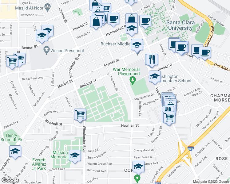 map of restaurants, bars, coffee shops, grocery stores, and more near 298 Madison Street in Santa Clara