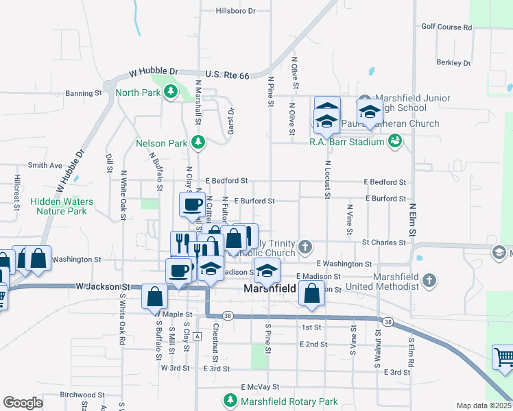 map of restaurants, bars, coffee shops, grocery stores, and more near 311 North Pine Street in Marshfield