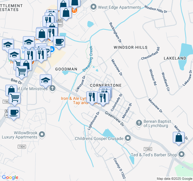 map of restaurants, bars, coffee shops, grocery stores, and more near 203 Portico Street in Lynchburg