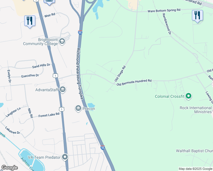 map of restaurants, bars, coffee shops, grocery stores, and more near 2421 Old Bermuda Hundred Road in Chester