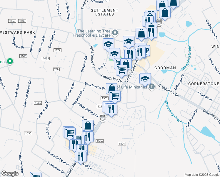 map of restaurants, bars, coffee shops, grocery stores, and more near 95 Beechwood Drive in Lynchburg