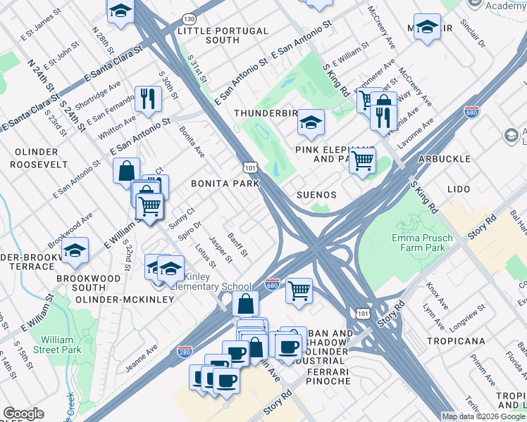 map of restaurants, bars, coffee shops, grocery stores, and more near 661 Bonita Avenue in San Jose