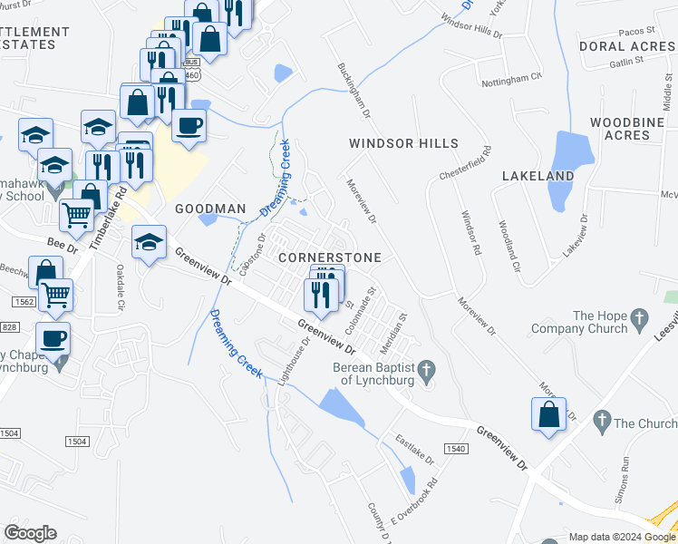 map of restaurants, bars, coffee shops, grocery stores, and more near 215 Cornerstone Street in Lynchburg