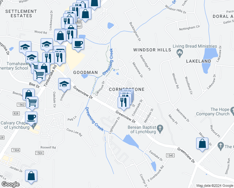 map of restaurants, bars, coffee shops, grocery stores, and more near 205 Portico Street in Lynchburg