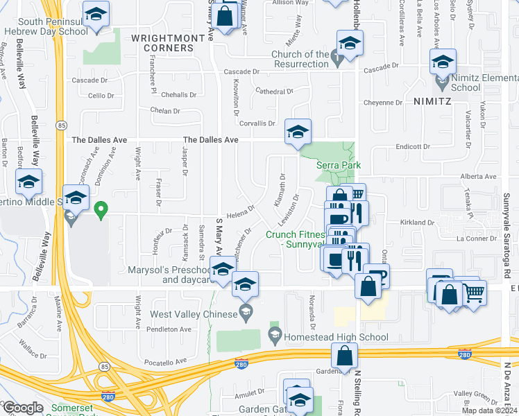 map of restaurants, bars, coffee shops, grocery stores, and more near 880 Helena Drive in Sunnyvale