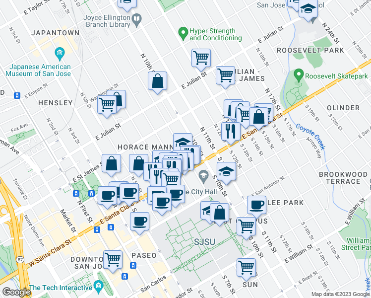 map of restaurants, bars, coffee shops, grocery stores, and more near 84 North 9th Street in San Jose
