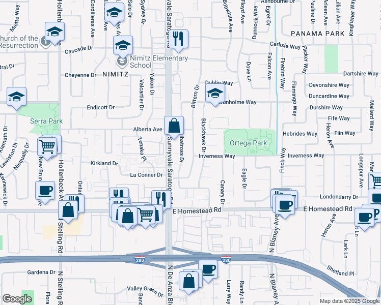 map of restaurants, bars, coffee shops, grocery stores, and more near 1595 Bittern Drive in Sunnyvale