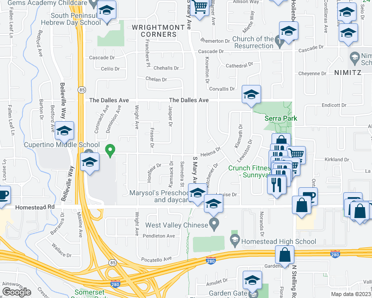 map of restaurants, bars, coffee shops, grocery stores, and more near 1592 Samedra Street in Sunnyvale