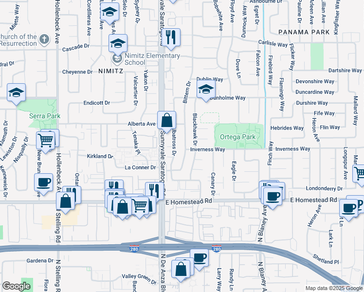 map of restaurants, bars, coffee shops, grocery stores, and more near 1595 Bittern Drive in Sunnyvale