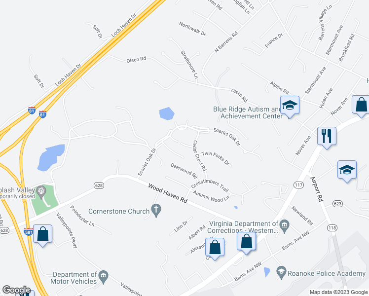 map of restaurants, bars, coffee shops, grocery stores, and more near 7181 Wild Cherry Court in Roanoke