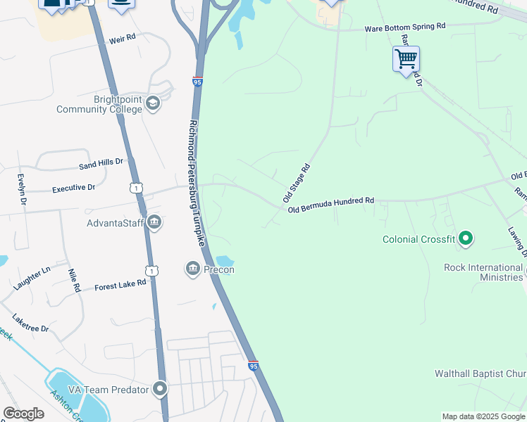 map of restaurants, bars, coffee shops, grocery stores, and more near 2421 Old Bermuda Hundred Road in Chester