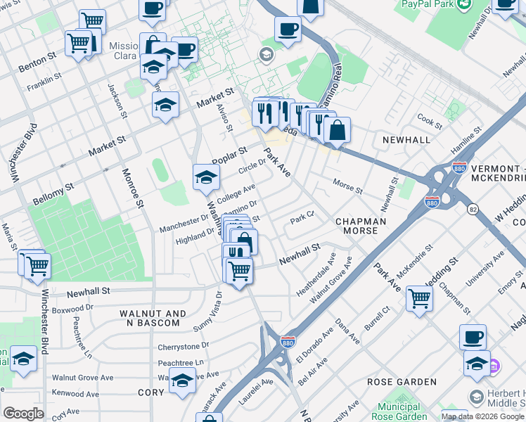 map of restaurants, bars, coffee shops, grocery stores, and more near 100 Alviso Street in Santa Clara