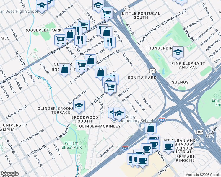 map of restaurants, bars, coffee shops, grocery stores, and more near 1121 Sunny Court in San Jose