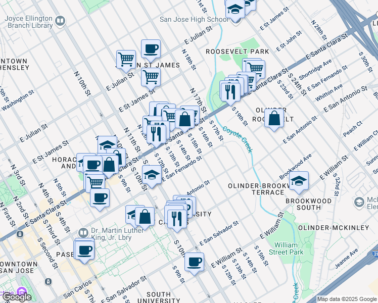 map of restaurants, bars, coffee shops, grocery stores, and more near 75 South 14th Street in San Jose