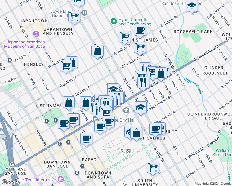 map of restaurants, bars, coffee shops, grocery stores, and more near 48 North 9th Street in San Jose